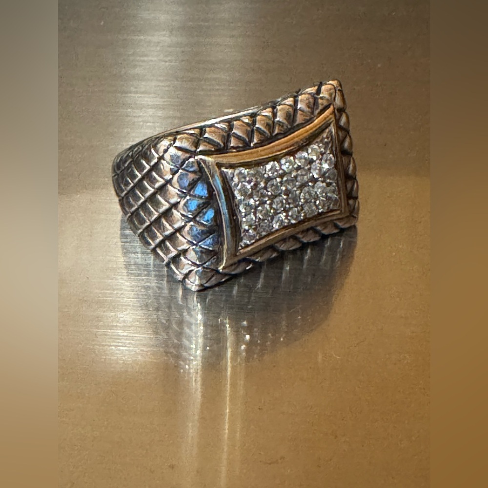 Diamond ring 14k yellow gold 925 silver channel-set rectangular face. sz 7